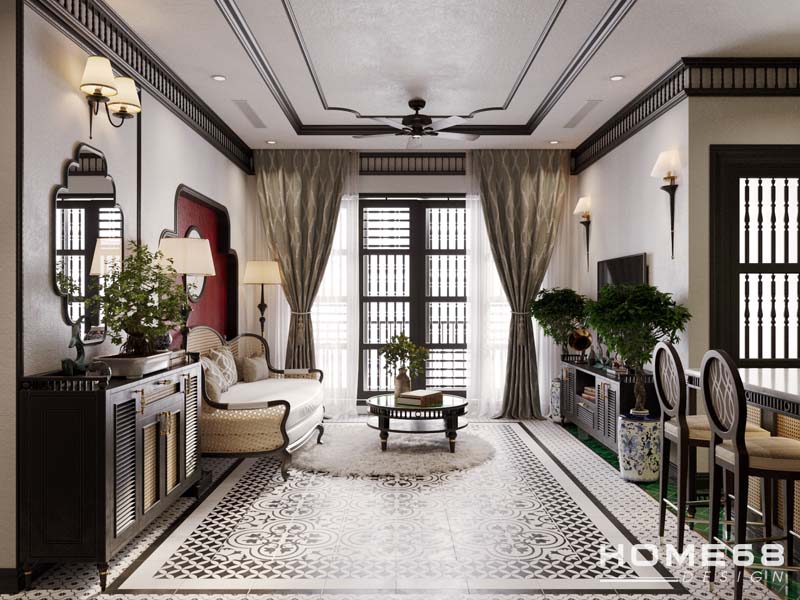 Thiết kế nội thất phòng khách và bếp liên thông trong phong cách Indochine độc đáo