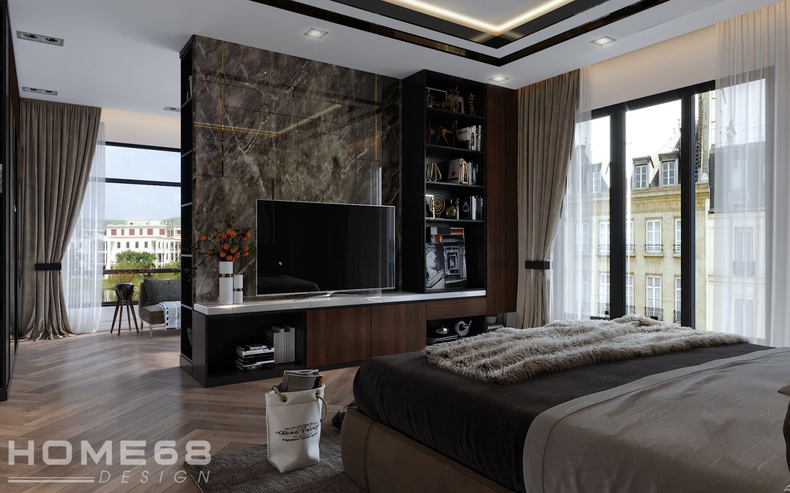 Tường đá marble là điểm nhấn tinh tế cho phòng ngủ