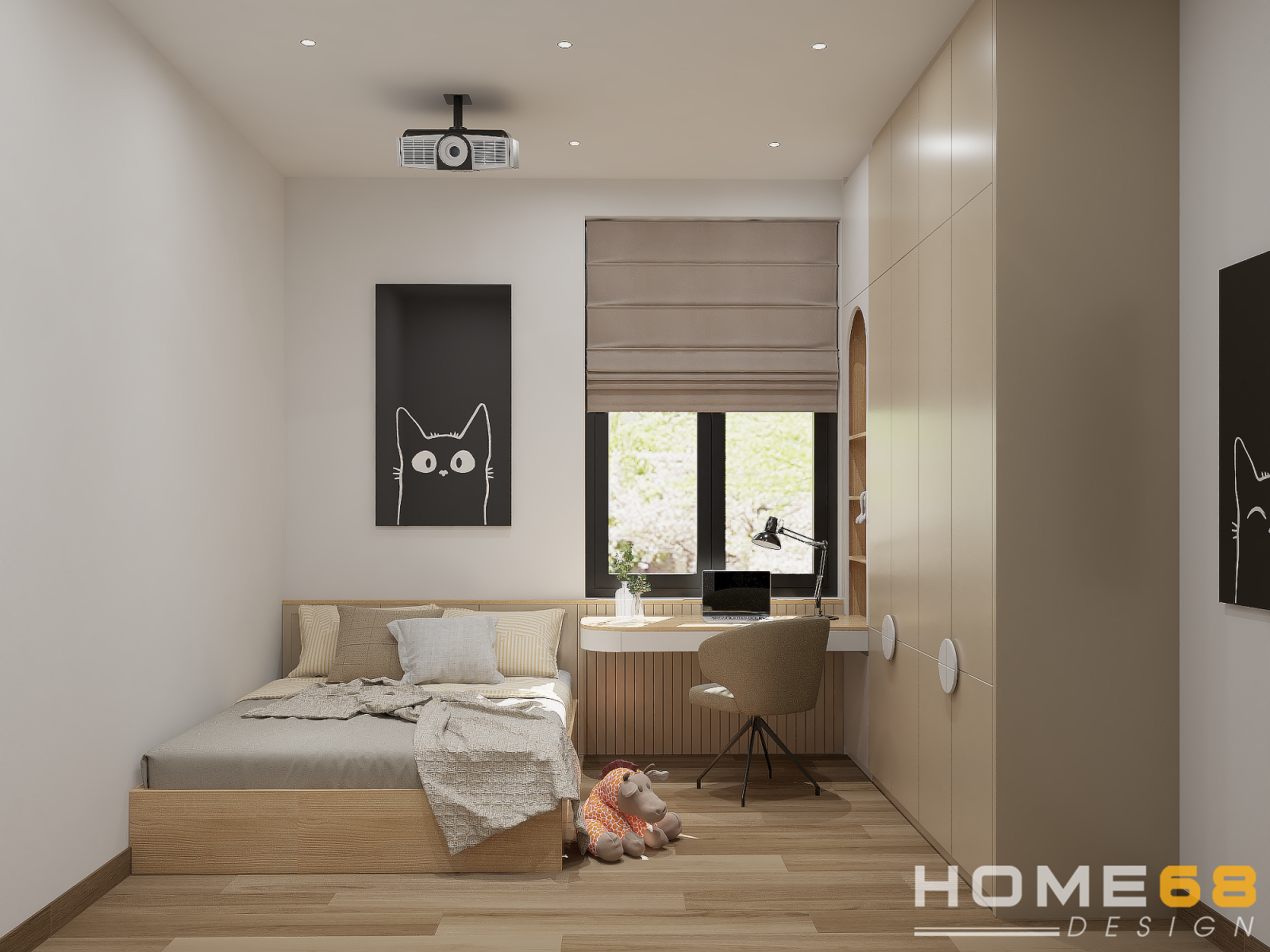 Mẫu thiết kế nội thất phòng ngủ tối giản, tiện nghi với chât liệu gỗ