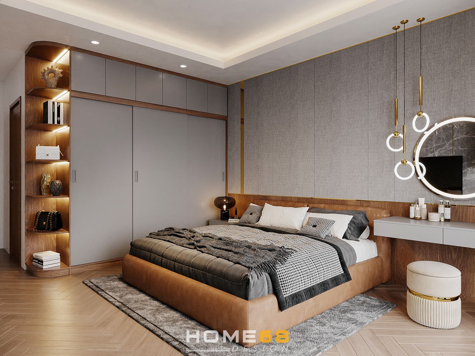 Mẫu thiết kế nội thất phòng ngủ hiện đại với tone nâu ấm áp