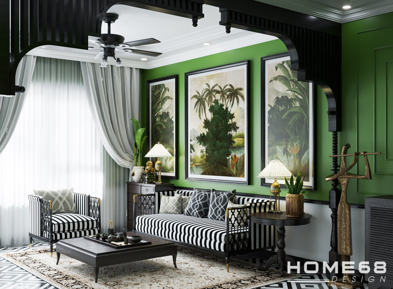 Phòng khách nổi bật với bộ sofa đậm chất Đông Dương- HOME68