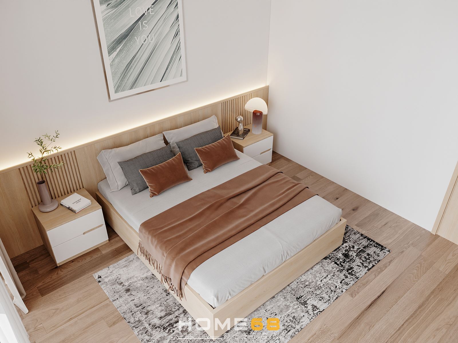 HOME68 thiết kế nội thất phòng ngủ hiện đại chất liệu gỗ thu hút