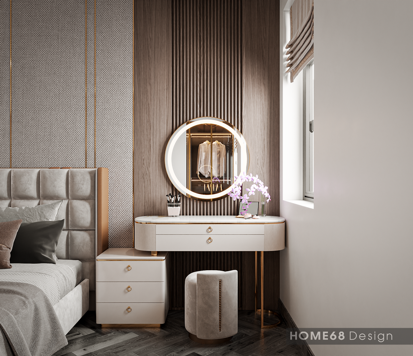 Tone màu nâu- xám nội thất và màu sơn tường tạo nên một không gian phòng ngủ ấn tượng và đáng sống
