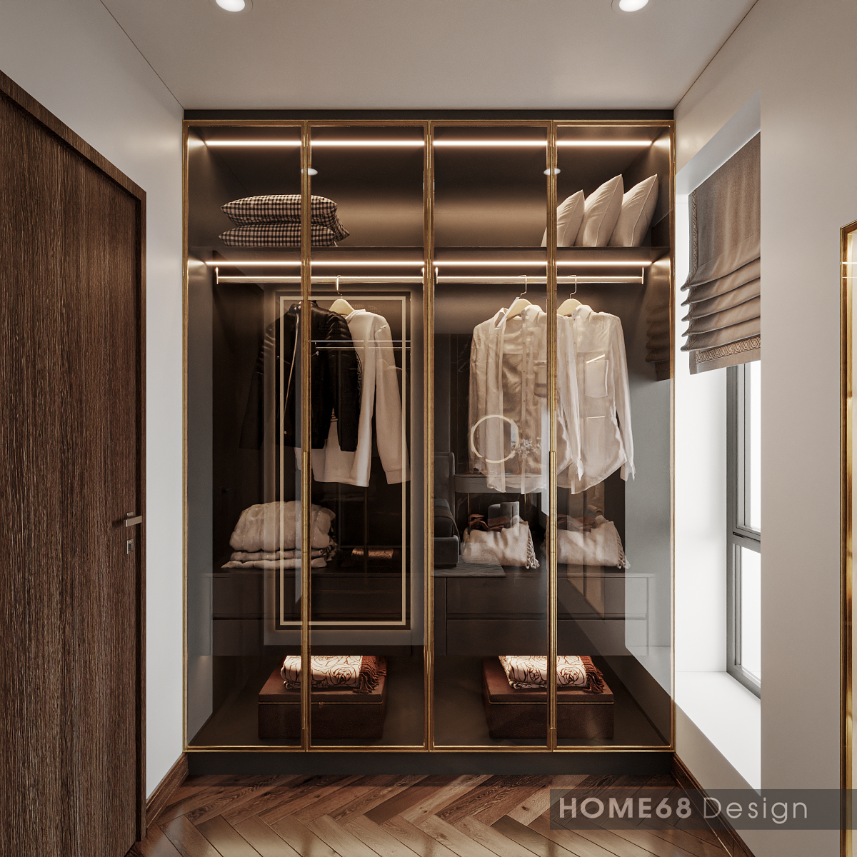 Tủ quần áo với chất liệu khung gỗ mdf sơn men cánh kính cũng được tích hợp thiết kế bên trong phòng ngủ