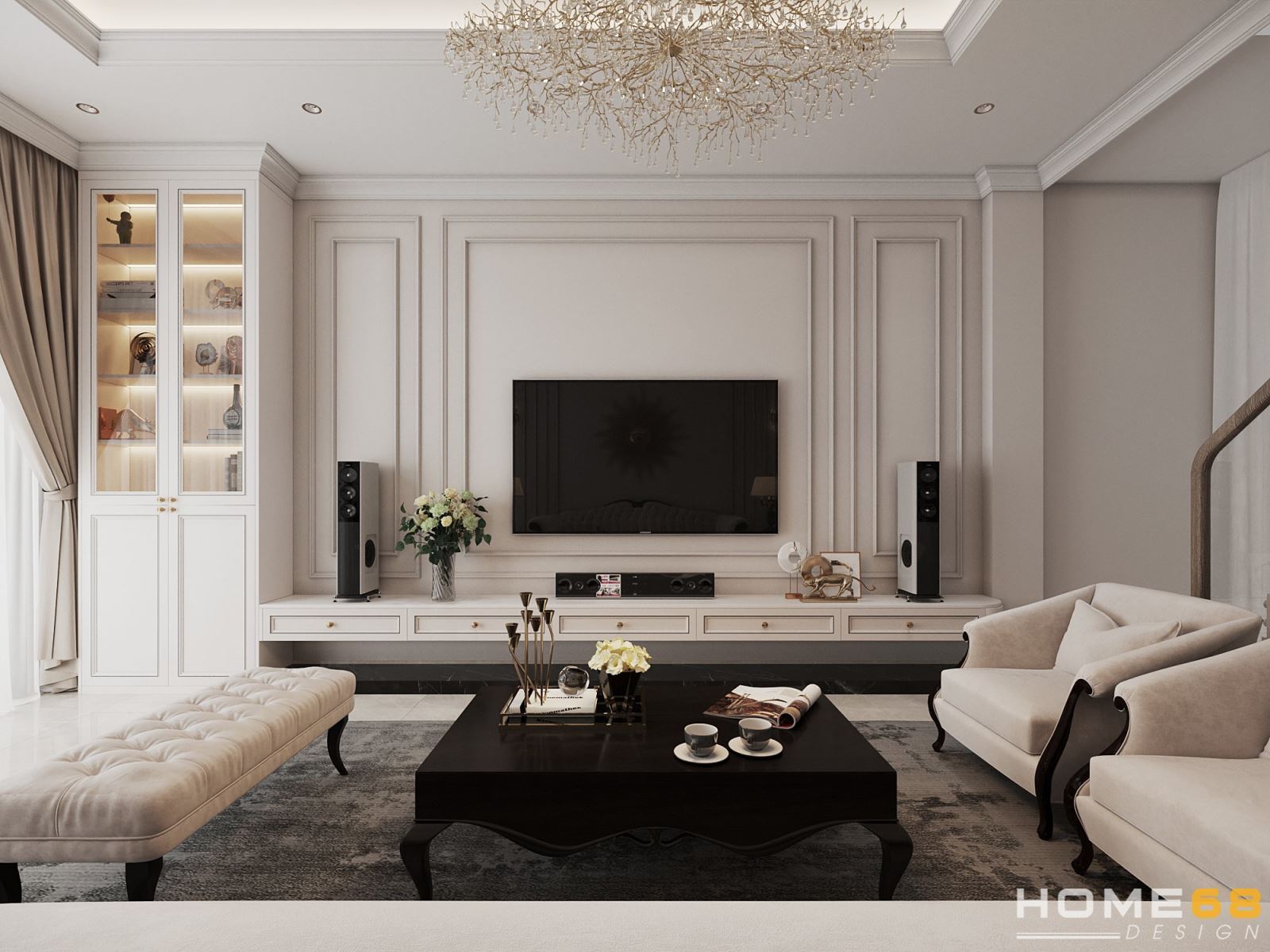 Dự án thiết kế nội thất phòng khách tân cổ luxury đẹp, sang trọng- HOME68