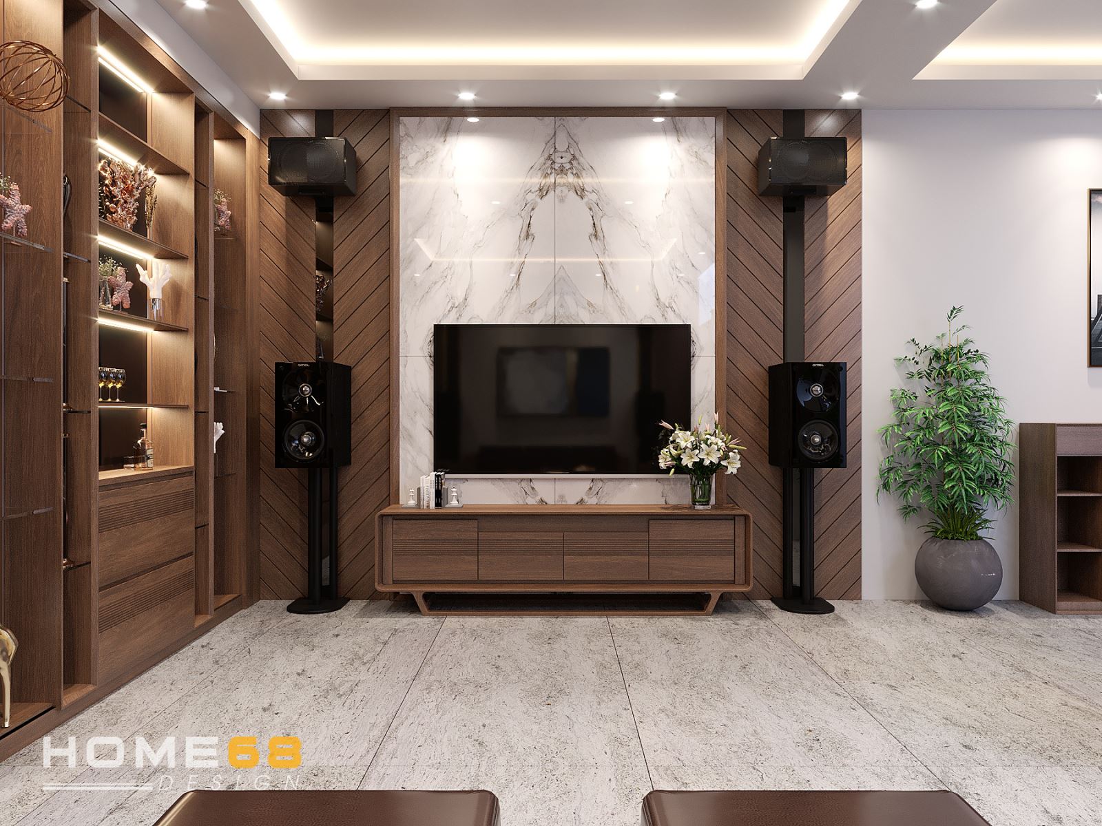Dự án thiết kế nội thất phòng khách gỗ hiện đại, đẳng cấp của HOME68