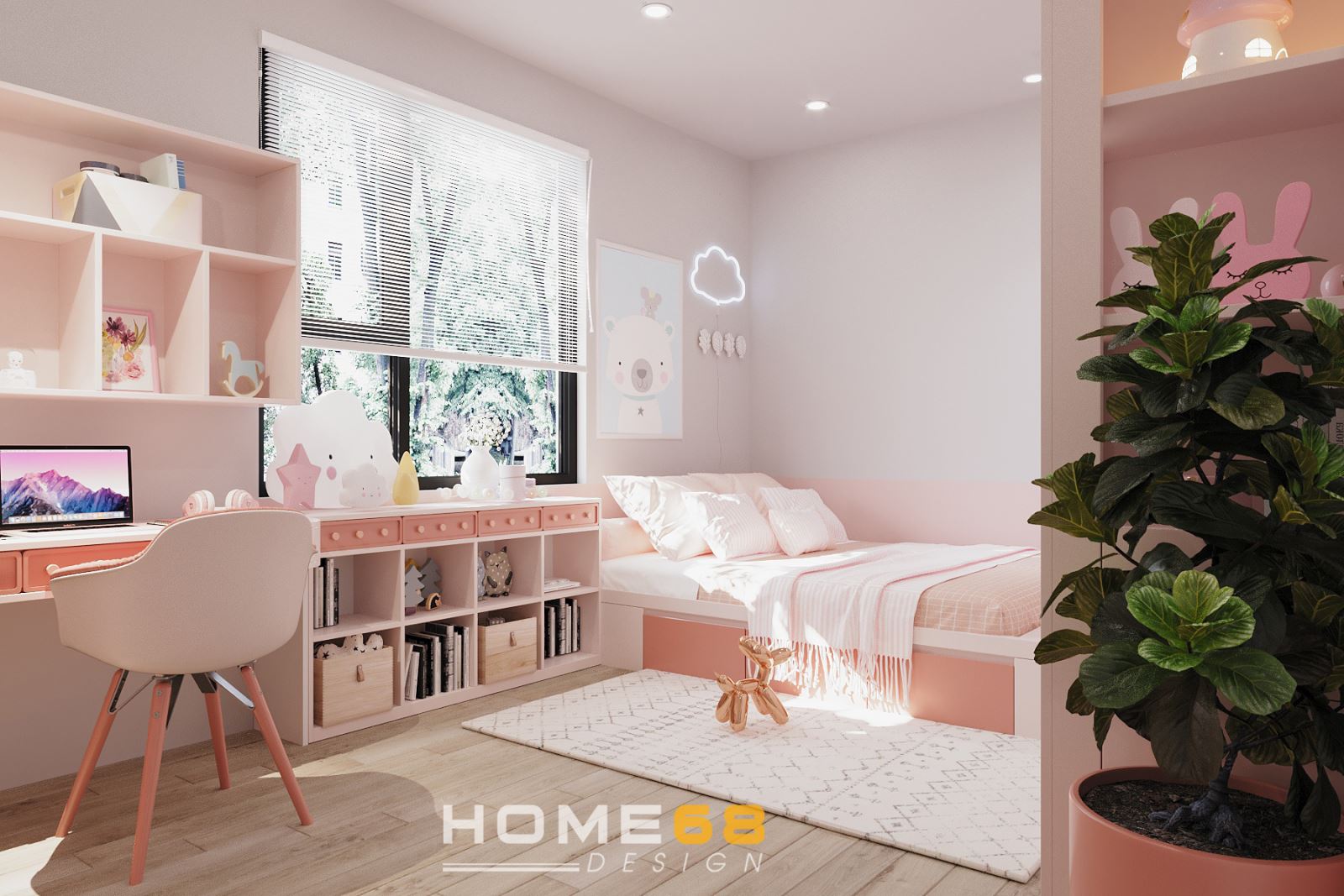 HOME68 thiết kế phòng ngủ bé gái tone màu hồng đáng yêu, sinh động