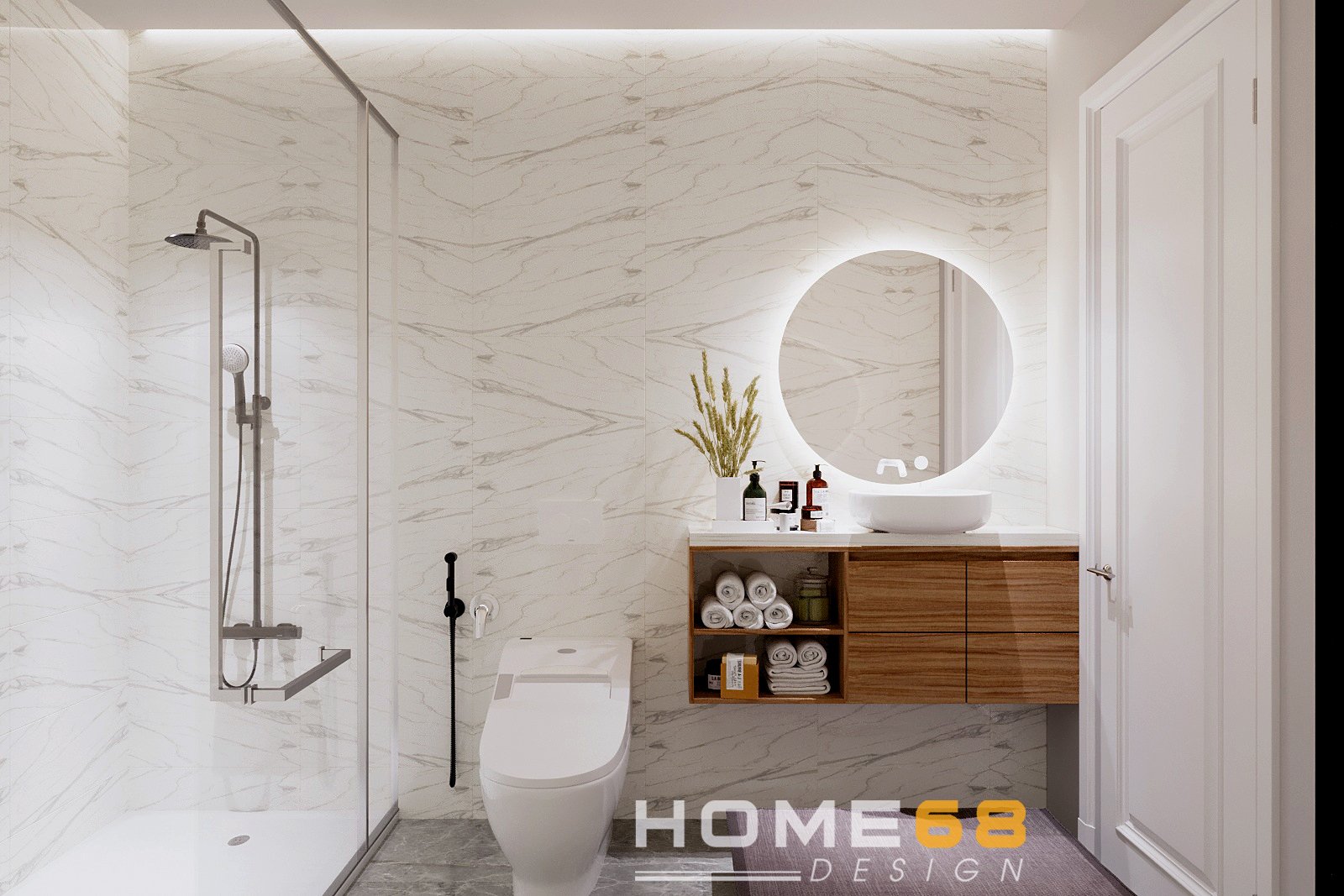 HOME68 thiết kế nội thất nhà vệ sinh tầng 2 hiện đại với gam màu trắng thanh lịch