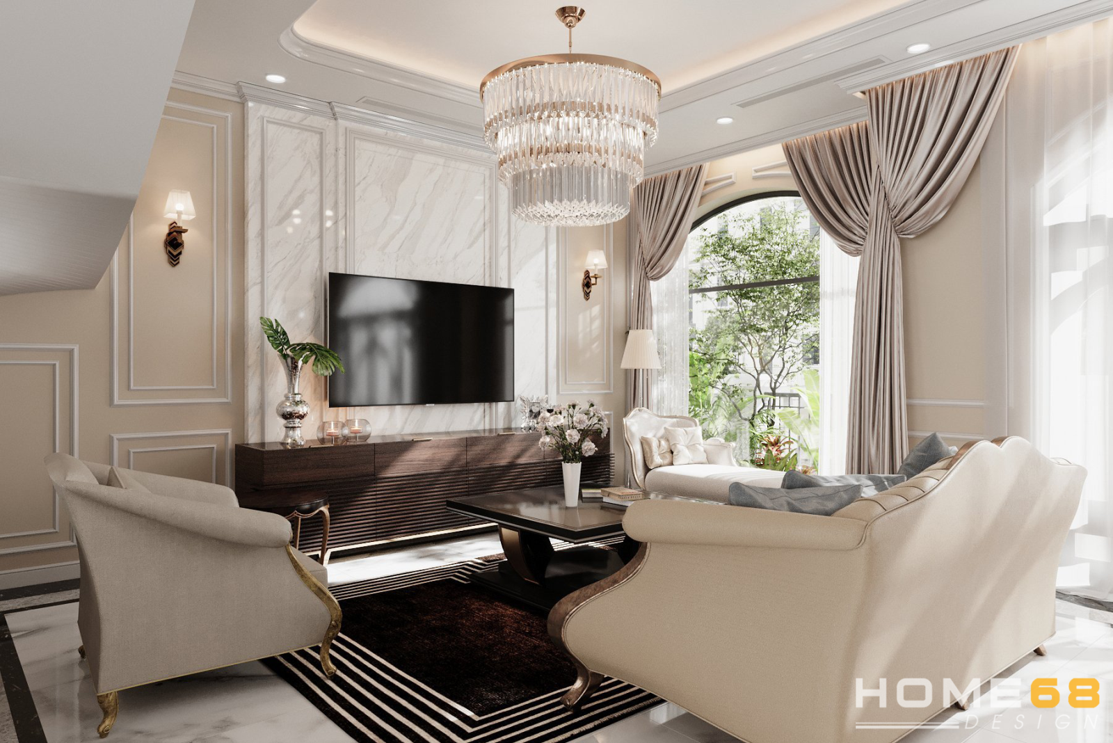 Mẫu thiết kế nội thất phòng khách tân cổ điển tinh tế, sang trọng- HOME68