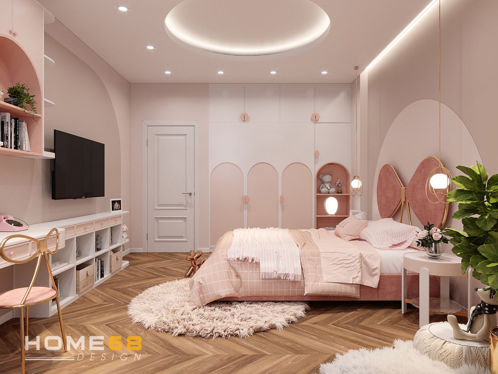 Mẫu thiết kế phòng ngủ bé gái với gam màu hồng đáng yêu, nhẹ nhàng của HOME68