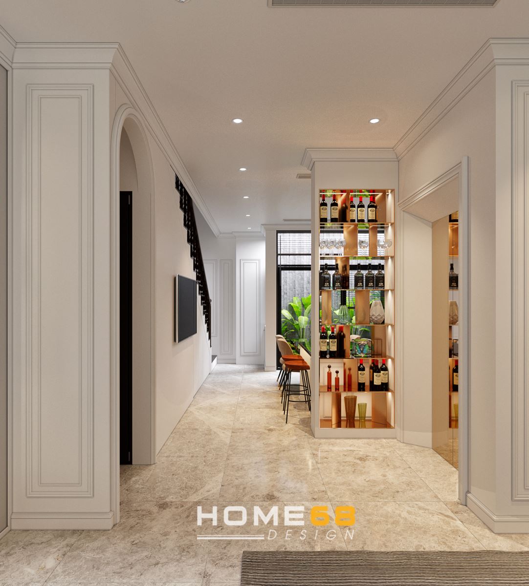 Không gian ngăn cách bếp và phòng khách gây ân tượng với những đường nét tân cổ điển- HOME68