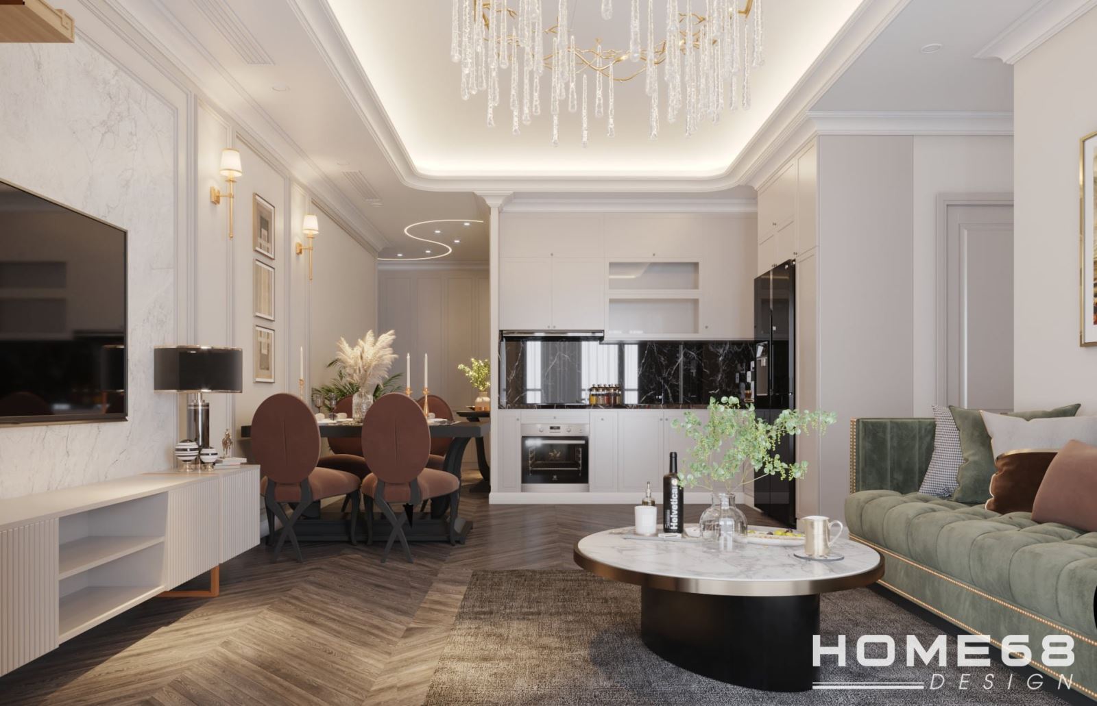 Mẫu thiết kế nội thất phòng khách liền bếp tân cổ điển tinh tế- HOME68
