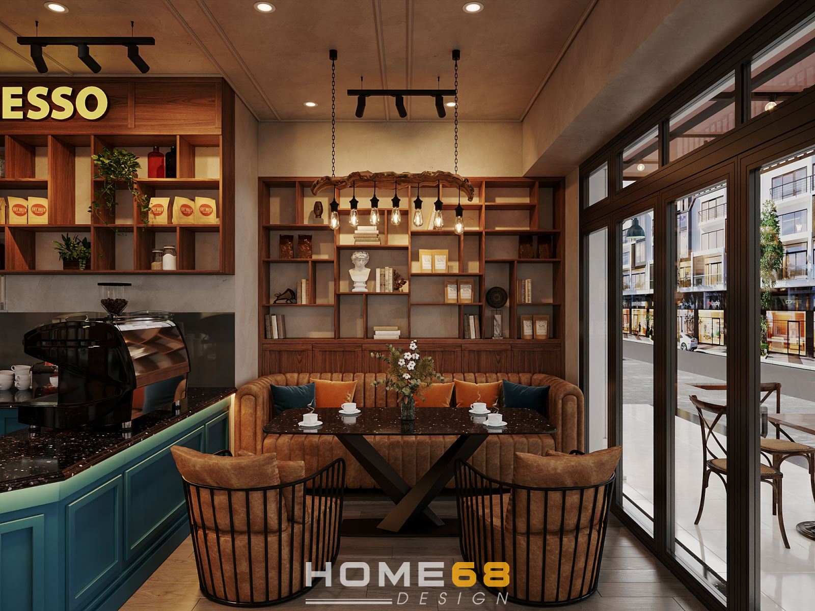 Thiết kế nội thất hiện đại kết hợp với bảng màu gỗ chủ đạo mang lại không khí ấm cúng cho quán cafe