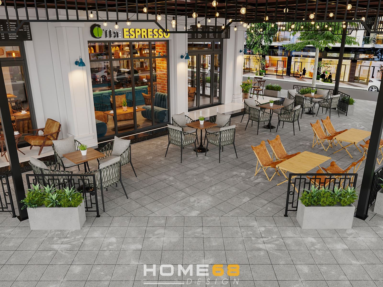 HOME68 đã thiết kế phía bên ngoài quán cafe với không gian trong lành, thư giãn 