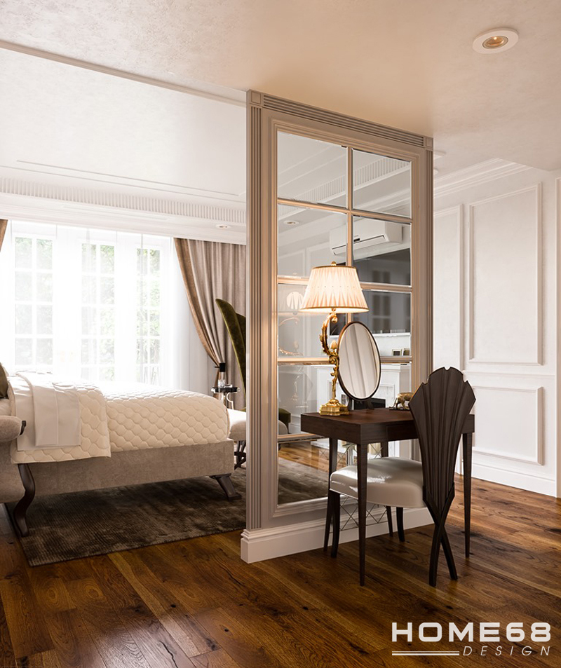 Thiết kế nội thất phòng ngủ master tân cổ luxury với bàn trang điểm nhỏ sang trọng, tinh tế- HOME68