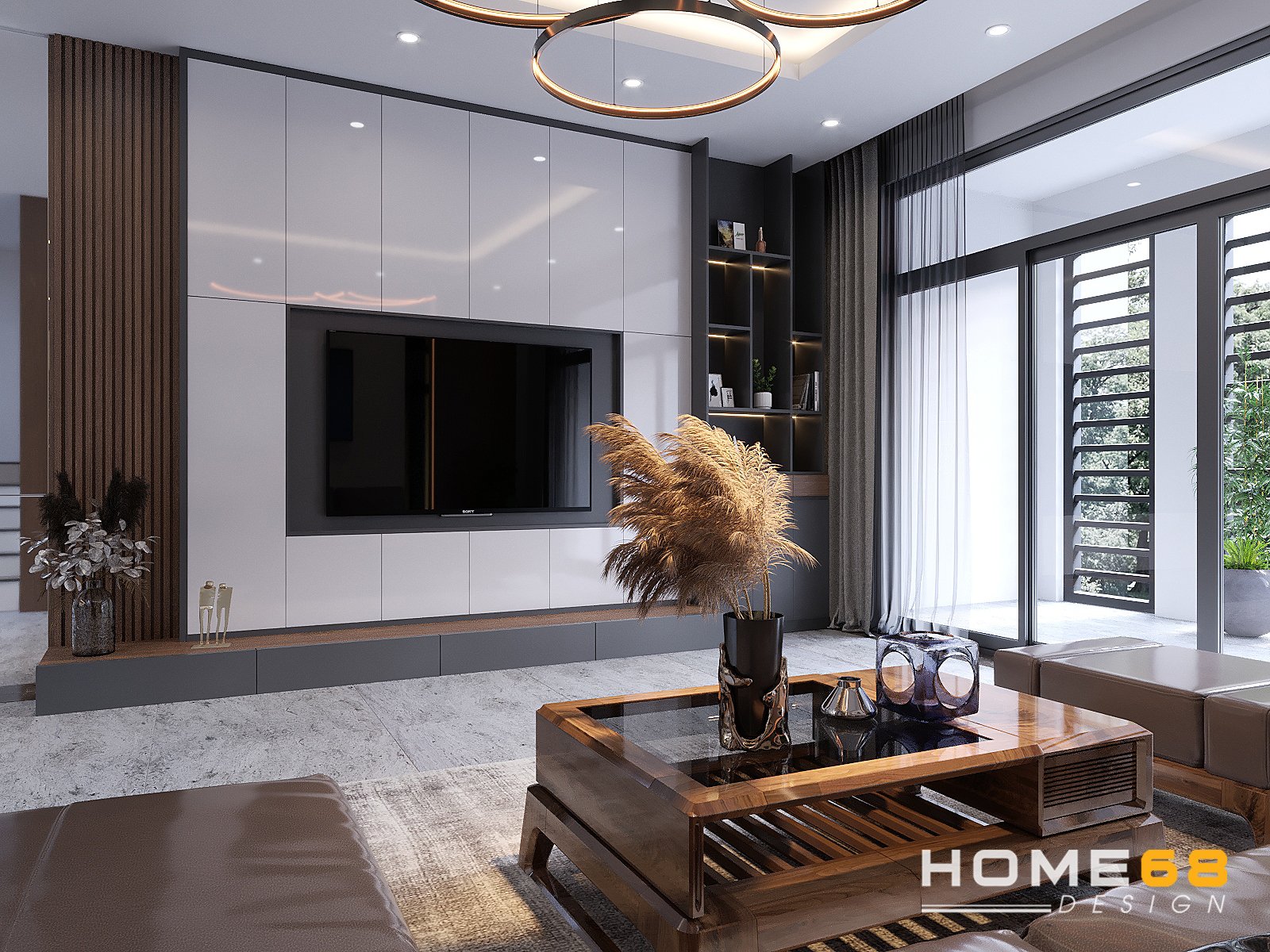 Thiết kế nội thất phòng khách hiện đại với tone màu nâu trắng đặc sắc- HOME68