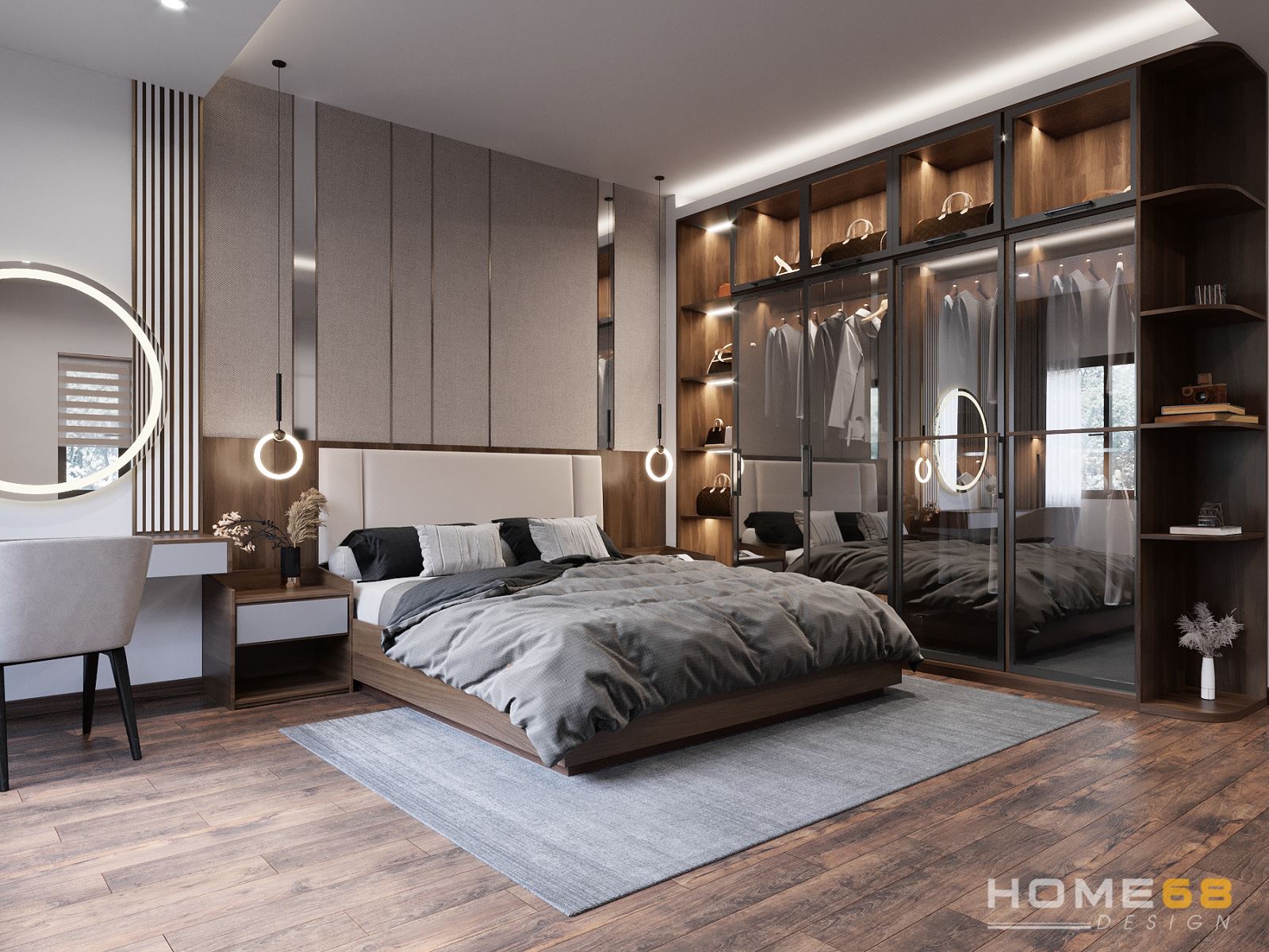 Thiết kế nội thất phòng ngủ hiện đại với tone màu trắng nâu độc đáo, cuốn hút- HOME68