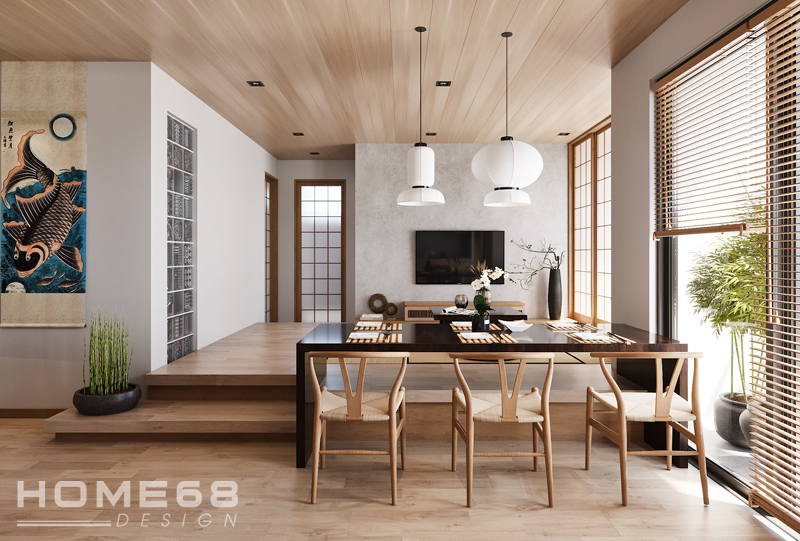 Thiết kế nội thất phòng khách và bếp liên thông trong phong cách Nhật Bản mộc mạc, gần gũi