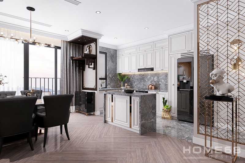 Thiết kế nội thất nhà bếp hiện đại với tone trắng xám sang trọng