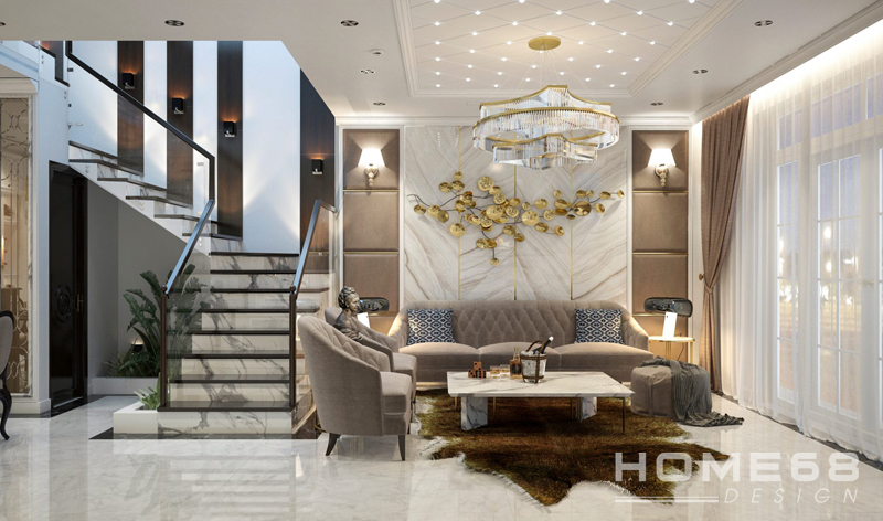 Thiết kế nội thất phòng khách với tone trắng – vàng đồng thanh lịch và sang trọng
