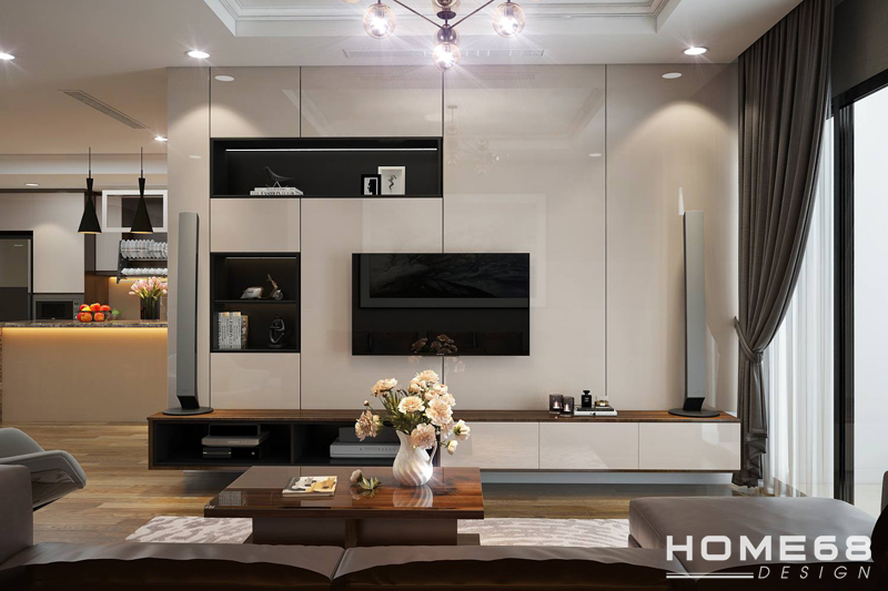 Thiết kế nội thất phòng khách hiện đại với tủ kệ TV được sắp xếp tinh tế, tiết kiệm diện tích