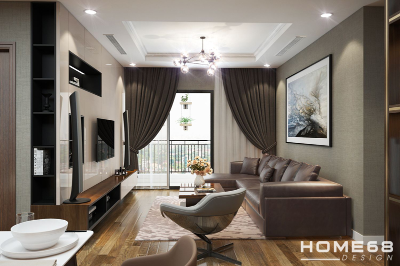 Thiết kế nội thất phòng khách hiện đại với nội thất được sử dụng chủ yếu tone màu trầm sang trọng