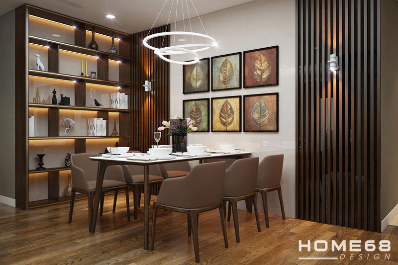 Thiết kế nội thất phòng ăn hiện đại với bộ bàn ăn màu nâu tinh tế, sang trọng
