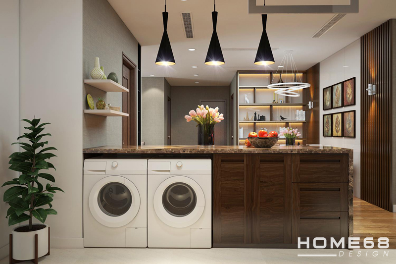 Thiết kế tinh tế từ đội ngũ Home68 tận dụng dưới bàn đảo bếp để máy giặt, một chi tiết thông minh, xuất sắc