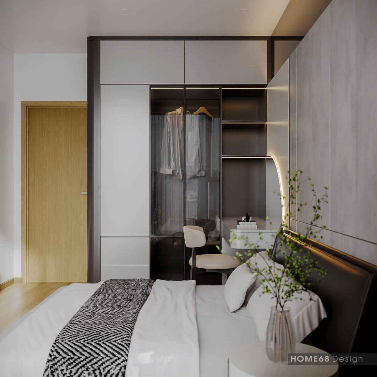 HOME68 thiết kế nội thất phòng ngủ hiện đại với gam màu trắng thanh lịch