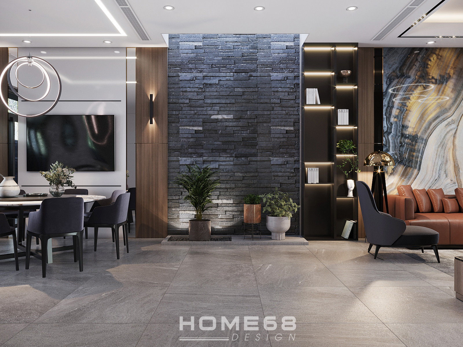 Thiết kế nội thất phòng khách và phòng ăn mở hiện đại - HOME68