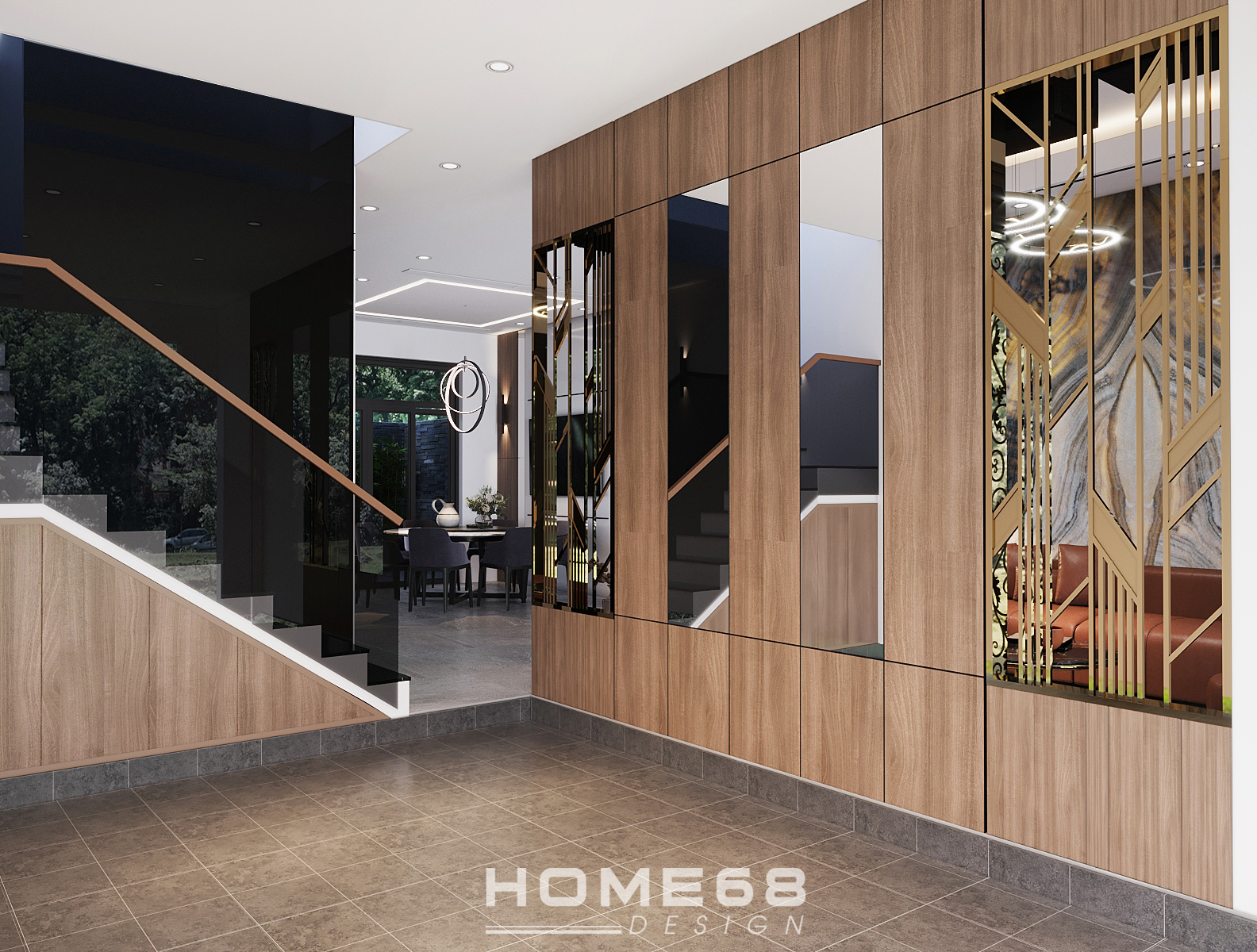Cầu thang kính với tay vịn gỗ cao cấp với thiết kế hiện đại, đặc sắc - HOME68