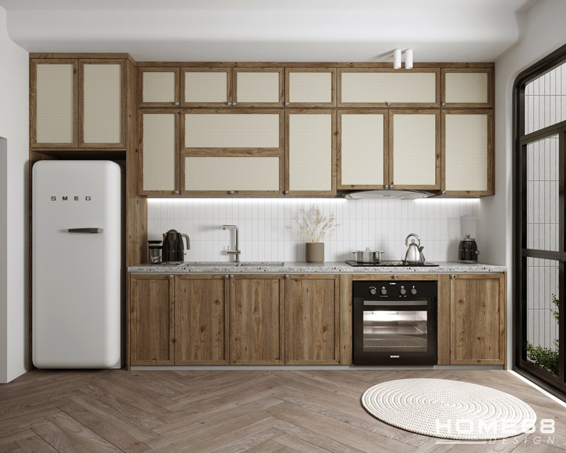 Tủ bếp với chất liệu gỗ đặc trưng của Vintage