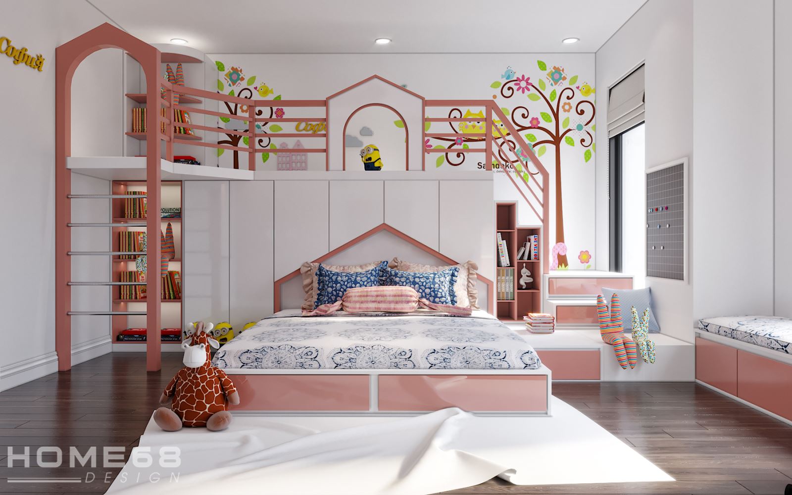 Phòng ngủ với gam màu hồng cam-trắng đáng yêu, ngọt ngào