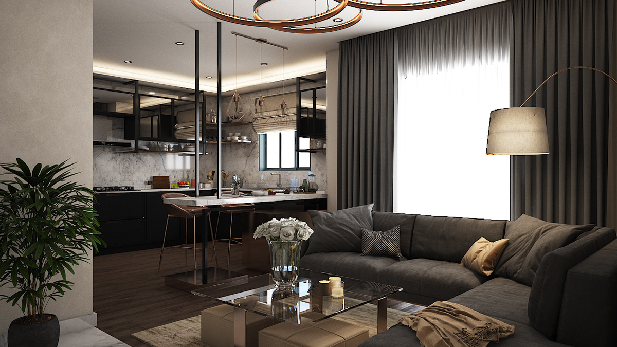 Lựa chọn đồ nội thất cho 2 không gian phòng khách bếp sẽ tùy thuộc vào phong cách thiết kế 