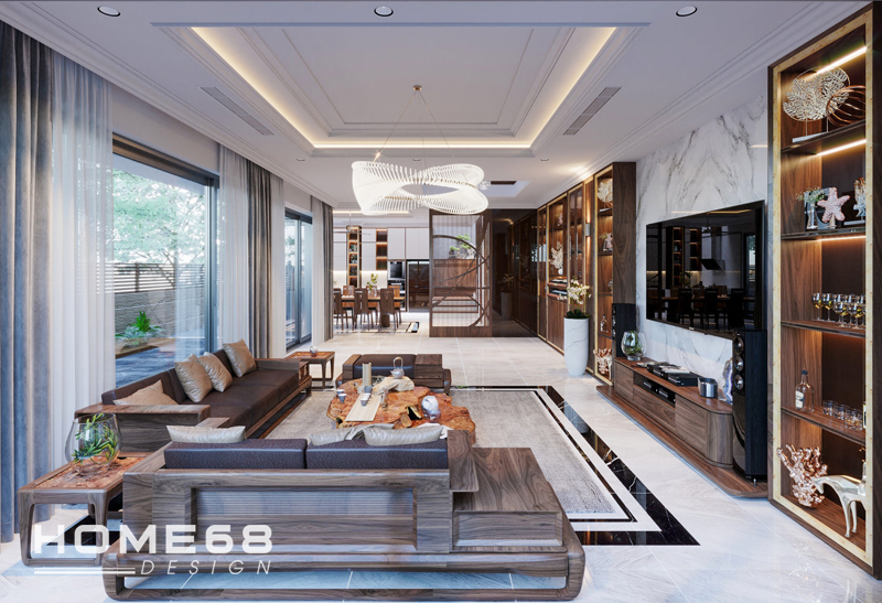 Tổng thể mẫu thiết kế nội thất phòng khách với chất liệu gỗ vô cùng đẳng cấp, sang trọng