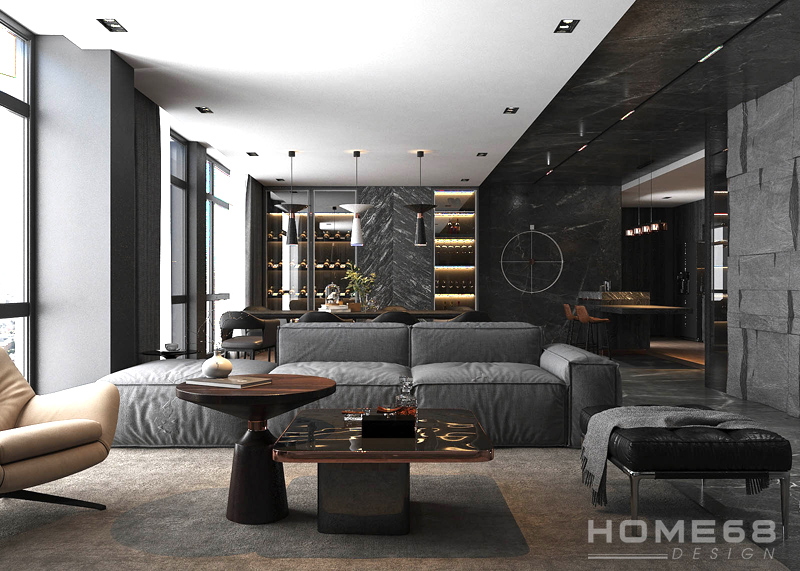Mẫu thiết kế nội thất phòng khách hiện đại với tone màu trắng đen sang trọng, đẳng cấp