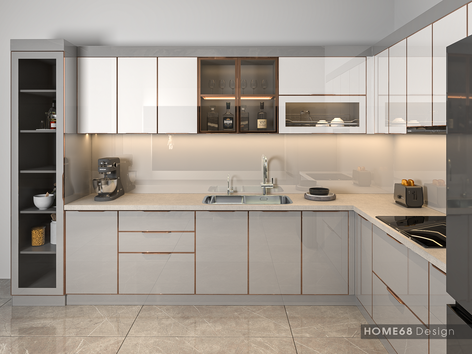 Tủ bếp inox cánh kính cường lực tại Phúc Lộc, Hải Phòng - CĐT Anh Khánh