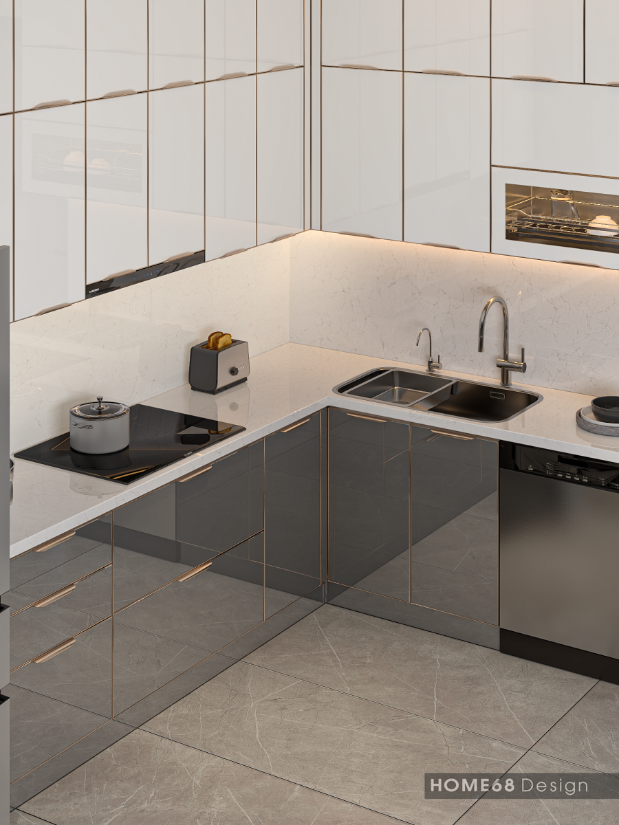 Tủ bếp inox cánh kính cường lực tại Ngô Gia Tự, Hải Phòng - CĐT Chị Nga