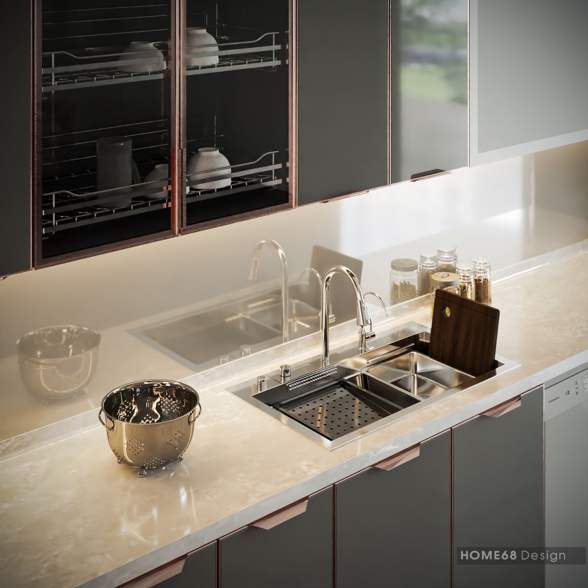Tủ bếp inox cánh kính cường lực nhà anh Trung - An Hải