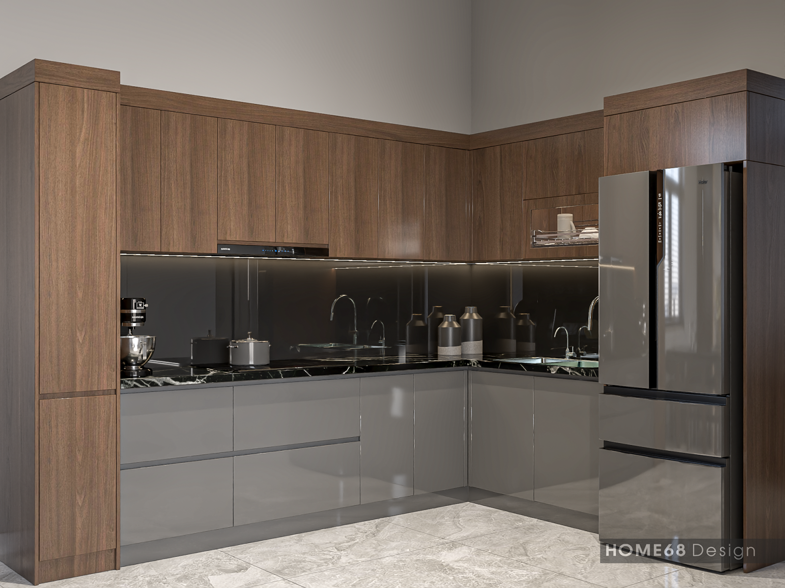 Tủ bếp inox cánh kính cường lực tại Tiên Lãng, Hải Phòng - CĐT Chị Nga