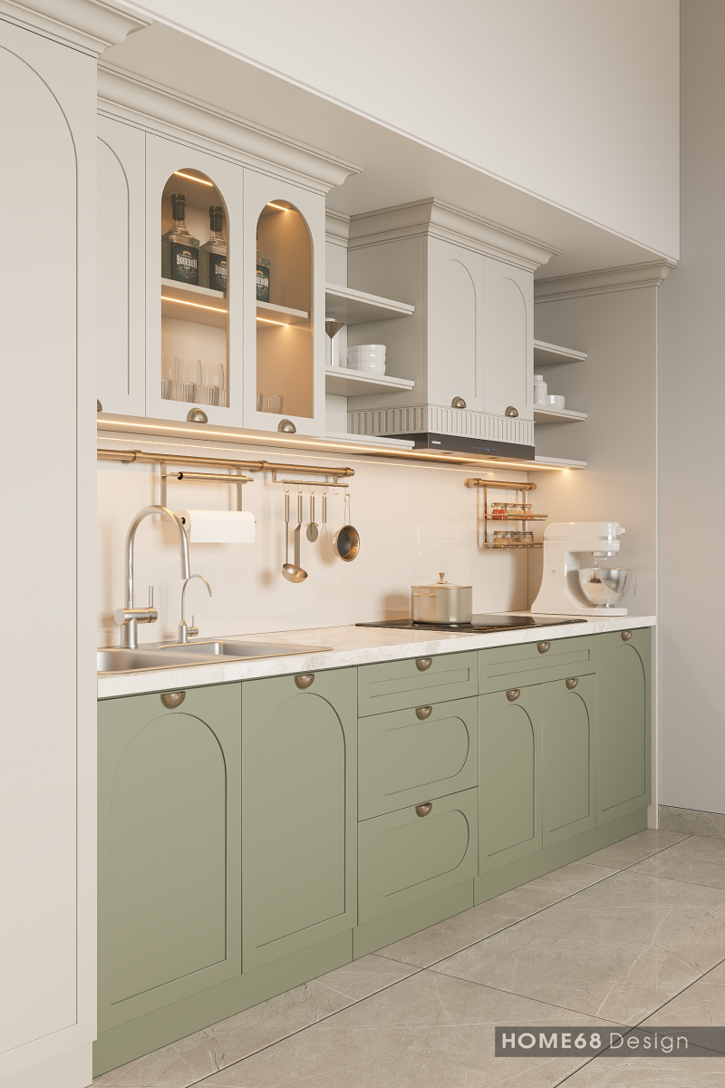 Tủ bếp Tân cổ nhựa Picomat phủ sơn Inchem tại Vũ Yên, Hải Phòng - CĐT Chị Hằng