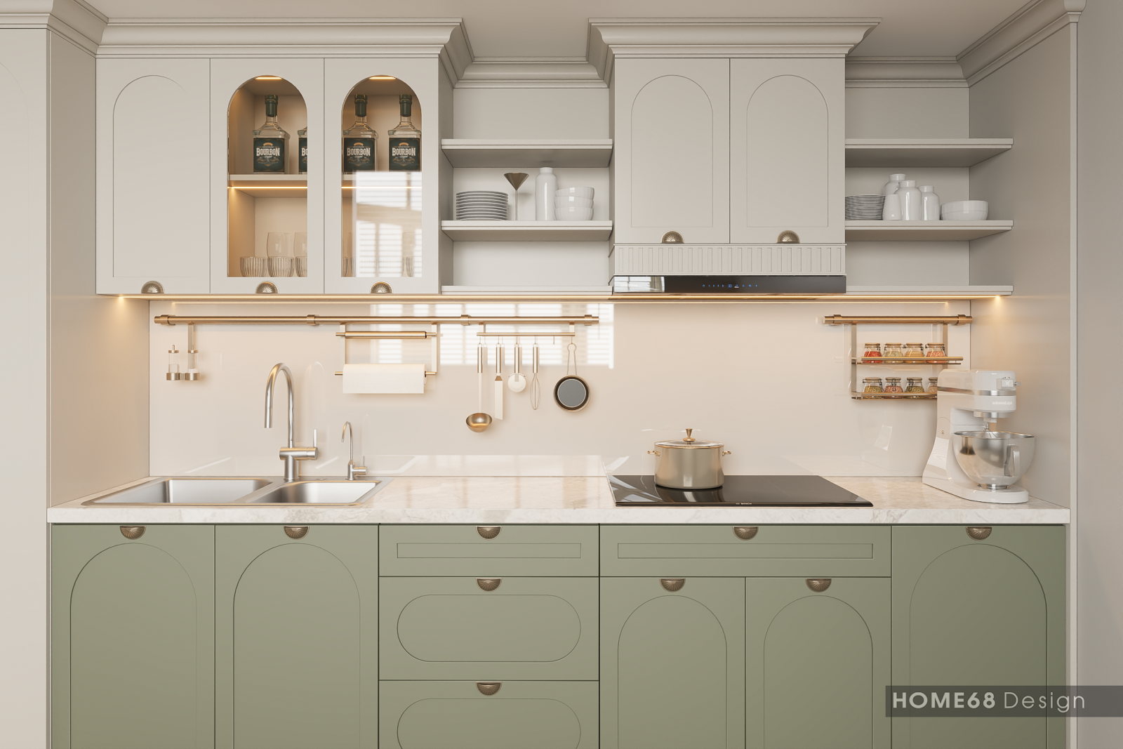 Tủ bếp Tân cổ nhựa Picomat phủ sơn Inchem tại Vũ Yên, Hải Phòng - CĐT Chị Hằng
