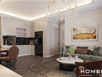 Thiết kế nội thất phòng khách liền bếp tân cổ điển sang trọng cho nhà anh Minh- Dự án Minato Residence Hoàng Huy Hải Phòng